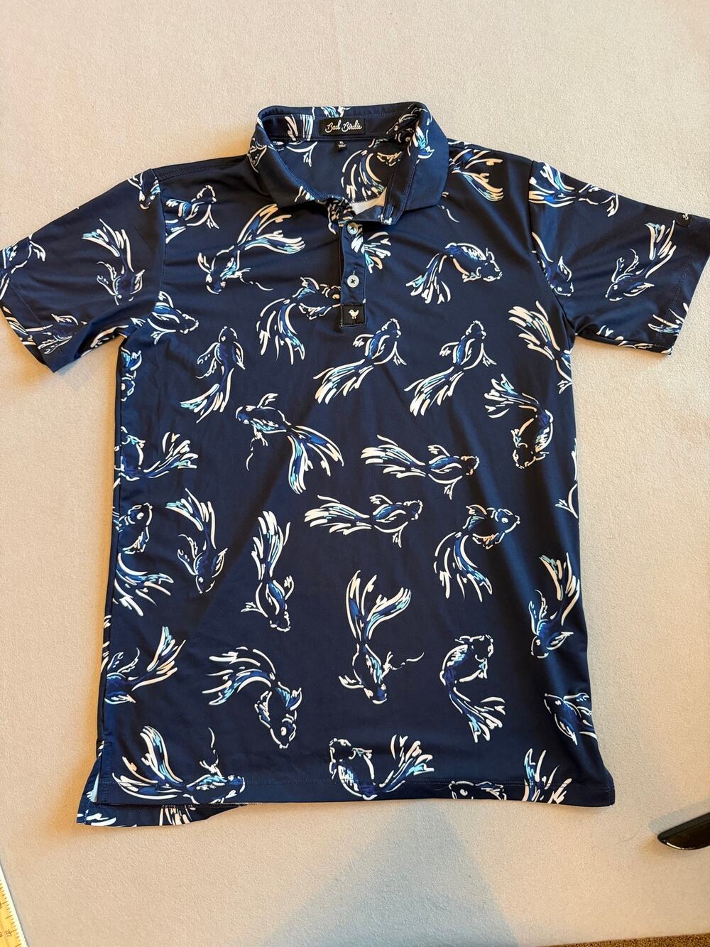 Bad Birdie Youth XL Navy Koi Fish-the shallows-  Print Golf Polo Shirt